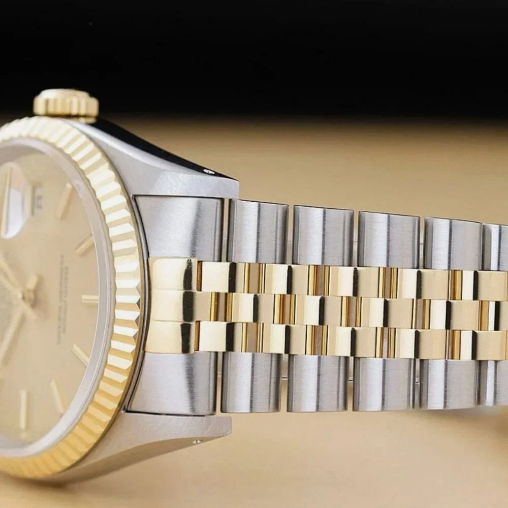ROLEX MENS DATEJUST 18K GOLD STAINLESS STEEL CHAMPAGNE DIAL TWO TONE WATCH